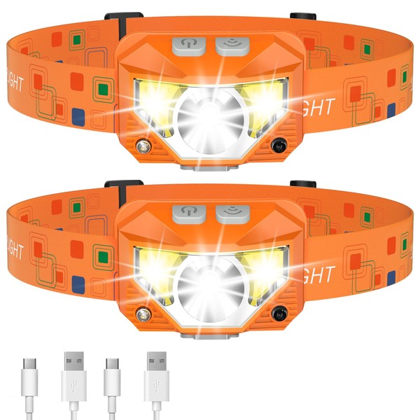 LHKNL Headlamp Flashlight, 1200 Lumen Ultra-Light Bright LED Rechargeable Headlight with White Red Light,2-Pack Waterproof Motion Sensor Head Lamp,8 Mode for Outdoor Camping Running Fishing- Orange