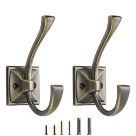 CABDM 5 Pack Decorative Heavy Duty Towel Hooks for Hanging Robe Double Brushed Antique Brass Coat Hooks Wall Mounted with Screws for Key, Towel, Bags, Cup, Hat