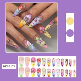 Medium Press on Nails Almond Fake Nails French Tip Cute Nails with 3D Flower Designs Glue on Nails Press ons Glossy Full Cover Stick on Artificial Nails for Women 24 Pcs (Pink-11, S-11)