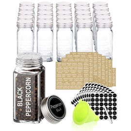 SWOMMOLY 25 Glass Spice Jars with 703 Spice Labels, Chalk Marker and Funnel Complete Set. 25 Square Glass Jars 4OZ, Airtight Cap, Pour/sift Shaker Lid