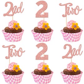 24 decoraciones para cupcakes de 2º cumpleaños, con purpurina, dos púas para cupcakes número 2 segundos cumpleaños, decoraciones para cupcakes para baby shower, niños, segundo cumpleaños, aniversario, fiesta, decoración de pasteles, suministros de oro ro