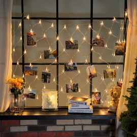 Hiboom Christmas Fairy Lights with Clips, Net Photo Clips String Lights, LED Hanging Photo Display, 8 Modes Battery Operated Christmas Lights for Home Wall Decoration, Warm White(3.3 x 3.3 ft)