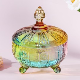 LWXPAIYY Glass Candy Dish with Non-Airtight Lid,Rainbow Candy Jar with Lid 16oz,Colorful Embossed Vintage Candy Bowl with Lid for Office Desk Coffee Table,Buffet Storage Cookie Decorative Jar(Colored)
