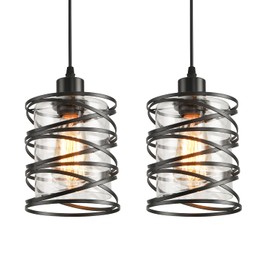 IHENGYANLT 2 Pack Pendant Light, Pendant Lights Kitchen Island, Glass Hanging Light with Spiral Cage Clear Glass Shade, Black Modern Indoor Hanging Lamp for Dining Room Kitchen Island Bedroom