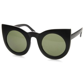 zeroUV - 70s Womens Large Oversized Retro Vintage Cat Eye Sunglasses For Women with Round Lens 48mm (Matte Black/Gree)