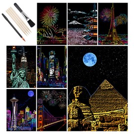 14 Pcs Scratch Art Set, 8 Sheets A4 City Series Night Scene Rainbow Engraving Painting, Landscape Scratchboard with Tools, Creative DIY Art Craft Gifts for Adults