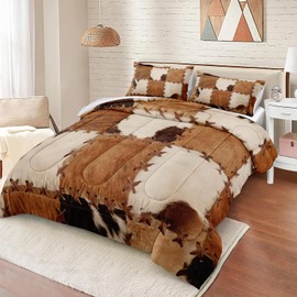 MOVE OVER Western Cowboy Comforter Set King Size Brown Cowhide Comforter Set 4 Pieces Animal Fur Bedding Set Soft Microfiber Cow Printed Bedding Sets for All Season