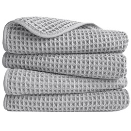 POLYTE Microfiber Lint Free Hand Towel, 16 x 30 in, 4 Pack (Light Gray, Waffle Weave)