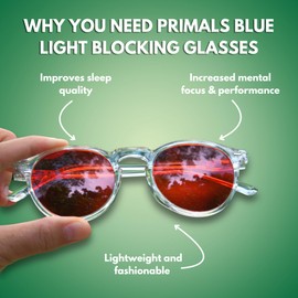 PRIMALS Blue Light Blocking Glasses - Extra Strength - Blocks 99.9% Blue Light - Improves Sleep & Focus - Computer/Gaming/TV/Phones - (Red Lens + Clear Frame)