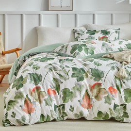 Lekesky Bed Linen 200 x 200 cm 3-Piece Duvet Cover - Bed Linen Sets Green 200 x 200 cm with 2 Pillowcases with Zip 80 x 80 cm, Soft and Non-Iron Maple Leaf Pattern Design with Zip