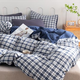 Janlive Navy Blue and White Plaid Duvet Cover Queen Size AB Double Version Design 100% Washed Cotton Linen Feel Textured Ultra Soft Bedding Set with Zipper Closure-3pcs Navy Blue and White Grid Queen