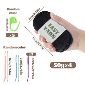 Yarn for Crocheting, Crochet Yarn, Easy Yarn, Beginners Yarn for Crocheting with Easy-to-See Stitches, Stitch Marker, and Elbow Needle Cotton Yarn for Crochet Black(4x50g)