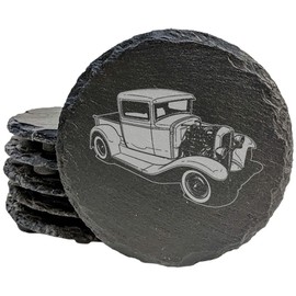 Handcrafted Rustic Slate Coasters Set with Laser-Etched 32 Ford Truck Hotrod Design - Stylish Drink Coasters for Home Décor and Car Enthusiasts - Round Slate - set of 8