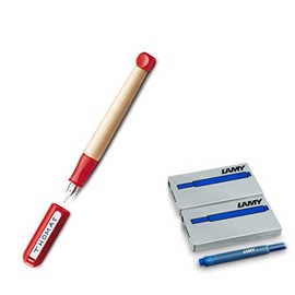 LAMY ABC 009 Fountain Pen - Maple Wood and Plastic in Blue - Polished Steel Nib Size A (Beginner) (Nib A, Fountain Pen + Cartridges, Red)