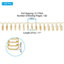 PATIKIL 14mm (9/16") Double Loop Wire Binding Combs, 100 Pcs Metal Twin Loop Binding Coils 120 Sheet Capacity 2:1 Pitch 21 Ring Binding Spines, Gold Tone