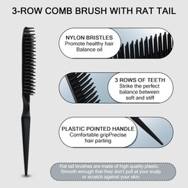 3 Row Comb for Natural Hair Three Row Detangling Comb Hair Styling Comb Nylon Bristle Teasing Brush Rat Tail Comb for Women Men Wig Comb for Detangling, Defining, Parting 2 Pcs, Black