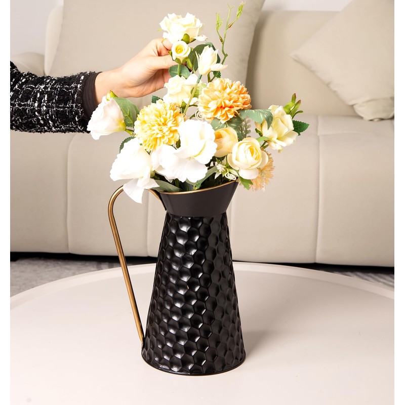Elegant Black Metal Pitcher Vase, Farmhouse Galvanized Flower Vase, Rustic