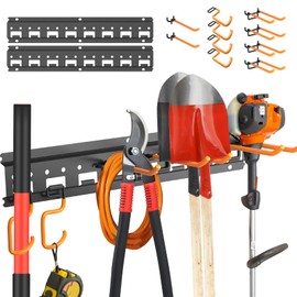 Unaikoo Garden Tool Organizer Wall Mount - Garage Storage and Organization Yard Tool Hanger with Adjustable Pegboard Hooks Shed Rack for Broom Mop Shovel Rake Trimmers, 32 inch Max 350lbs, Black