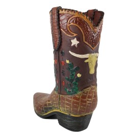 Rustic Western Texas Longhorn Faux Crocodile Prints Cowboy Boot Vase Figurine