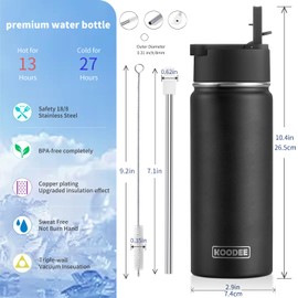 koodee Insulated Water Bottle-18 oz Stainless Steel Double Wall Vacuum Wide Mouth Water Bottle with 3 Lids-Boys Water Flask for School(Black)