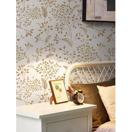 Heroad Brand Peel and Stick Wallpaper 196"x17.3" Gold and White Wallpaper Boho Peel and Stick Wallpaper Floral Contact Paper Leaf Removable Wallpaper Self Adhesive for Cabinets Shelf Liner Vinyl Roll