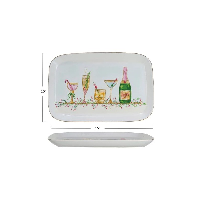 Creative Co-Op Stoneware Platter with Holiday Cocktails and Gold Electroplating,