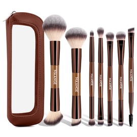 MAANGE Set de Brochas de Maquillaje 7 en 14 Brochas de Maquillaje de Doble Punta Kits de Maquillaje para Base Líquida, Polvo, Contorno, Corrector, Sombras de Ojos y Difuminar(Café)