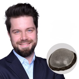 Amiable Toupee for Men, Mens Hairpieces Human Hair Mens Wig Human Hair Replacement System Vlooped 0.04mm PU Thin Skin Black Male Hair Units mens toupee huaman hair (vloop0.04-0.06mm, 1)