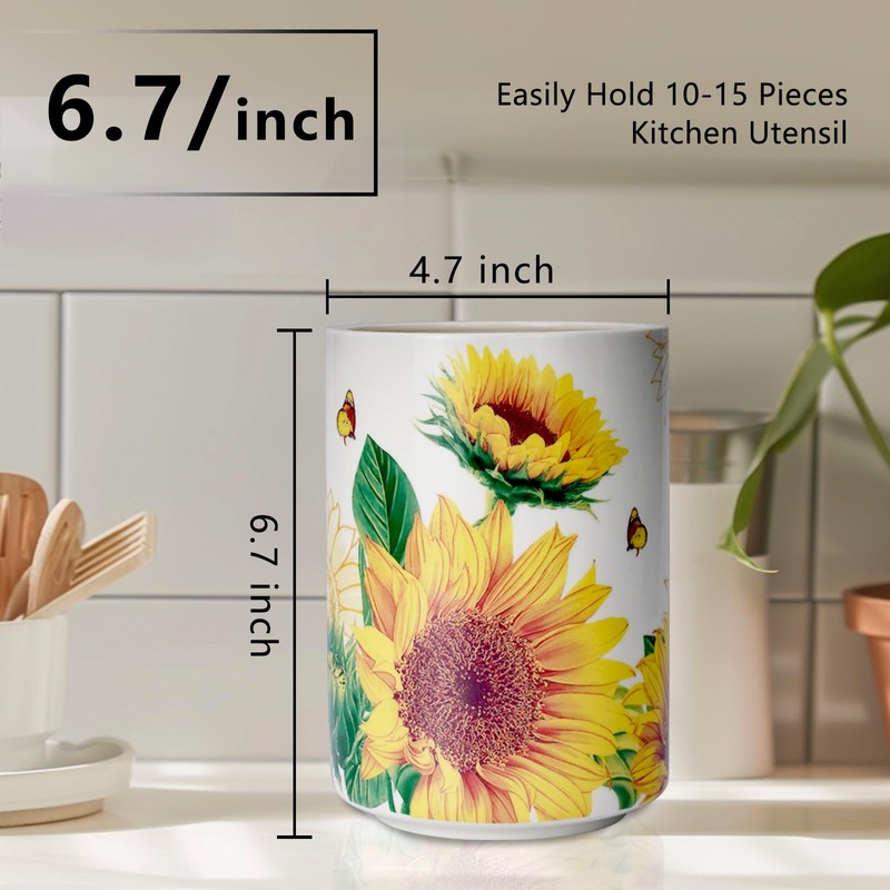 Sunddo Sunflower Utensil Holder, 6.7" Large Utensil Crock, Ceramic Cooking