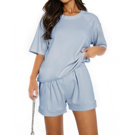 Totatuit Women's Jogging Suit, Two-Piece Elegant Short Sleeve Tracksuit Set, Summer Tracksuit, Loungewear, Plain with Crew Neck, Leisure Suit, Sports Outfit