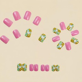 Peach Pink Press on Nails Short Square Fake Nails with Design Flower Glue on Nails Spring Nails Glossy Reusable Leaf False Nails Summer Nails for Women Girls Manicure 24pcs