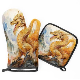 Gold Dragon Oven Mitt Pot Holder Sets for Kitchen Heat Resistant Oven Gloves Hot Pads Non-Slip Mittens Potholders Insulated Pan Pads Decorative Home for BBQ Baking Cooking Grilling