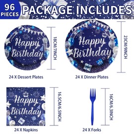 96Pcs Blue Birthday Party Supplies 350 GSM Navy Blue and Silver Plates and Napkins Disposable Tableware Sets Blue Happy Birthday Party Decorations for Men Women Birthday Party Favors Serves 24