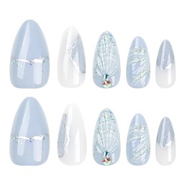 Medium Almond Fake Nails Light Blue Press on Nails KKUUOO French False Nails with Shell Design Rhinestones Press on Nails Glossy Acrylic Nails Stick on Nails for Women Girls 12Size 24Pcs