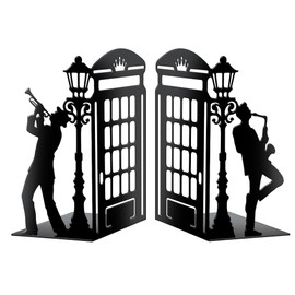 Peacoblue Metal Bookends for Shelves, Modern Decorative Heavy Duty Study Book Support Stoppers for Office, Desk, Shelf, Room 5.5"x4.3"x8.3" Cast Iron Simple Tall Bookends, 1 Pair (Street Music)