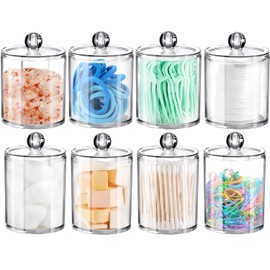 8 Pack Qtip Dispenser Apothecary Jars Bathroom Set with Labels - Clear Plastic Qtip Holder Storage Set for Cotton Ball,Cotton Swab,Cotton Rounds,Floss Picks, Hair Clips，Hair Ties(Clear,15oz & 12oz)