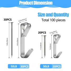 Picture Hangers, 100 Pieces Picture Hanging Kit Including 30lb and 50lb Picture Hanging Hooks, Picture Hooks with Nails for Hanging Pictures, Picture Frames, Clocks on Drywall and Wood Walls (Silver)