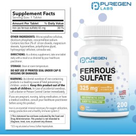 Puregen Ferrous Sulfate 325 mg 65 mg Elemental Iron High Potency Iron 200 Tabs