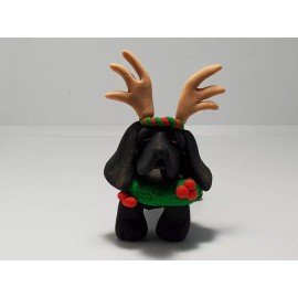 Celtic Forest Clay BASSET HOUND Christmas Ornament WREATH/ANTLERS Polymer Clay HAND MADE Black