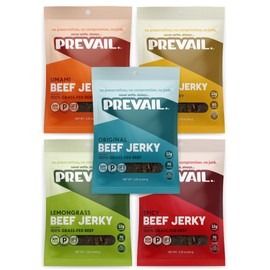 PREVAIL Beef & Turkey Jerky Variety Pack - Low Sodium and Gluten-free! I Original Beef, Spicy, Umami, Lemongrass & Original Turkey - Pack of (5) bags I Our Gourmet Jerky is Paleo Certified, Soy Free, Preservative Free, and Top 8 Allergen Free!