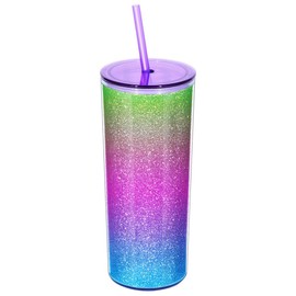 Home Tune Rainbow Tumbler with Straw, Sand Flow Glitter Double Wall Acrylic Cup Tumbler, 21 oz / 640ml (Purple)