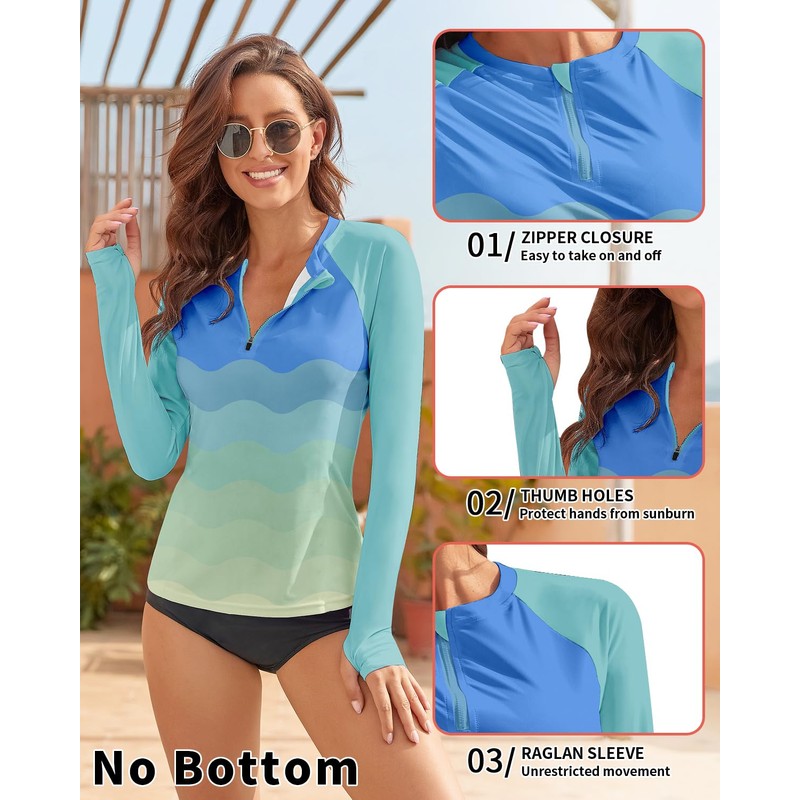 WOWENY Rash Guard Shirts for Women Long Sleeve with Thumb