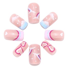 Handcess Square French False Nails, Pink Rainbow Nail Press On Cute Cloud Short False Nails Glue-On 24 Pieces for Women Girls