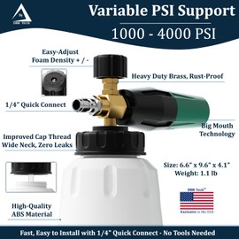 Foam Cannon for Pressure Washer, 1.1mm Orifice, 1000-4000 PSI, 1/4 Inch Quick Connector, Wide Neck and Adjustable Spray, Heavy Duty Car Snow Foam Blaster for Superior Foaming & Deep Clean, Green