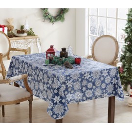 Newbridge Winter Sparkle Snowflake Navy and Silver Vinyl Flannel Backed Christmas Tablecloth - Navy Glitter Snowflake Print Wipe Clean Easy Care Holiday Tablecloth, 52" x 52" Square, Navy/Silver