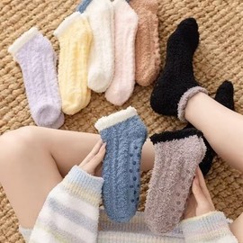 Non-slip Coral Velvet Thick Warm Home Sleep Socks with Grips - Autumn/Winter, Free Size 32-43/Light Purple 3ea