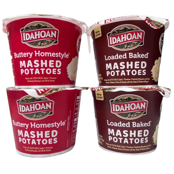 Idahoan Microwavable Instant Mashed Potatoes Variety Bundle pack(2) Loaded Baked 1.5oz/ea (2) Buttery Homestyle 1.5oz/ea 4pack total-Gluten Free