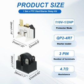 sourcing map PTC Refrigerator Starter Relay 4.7 Ohm 3 Pin and 110V-1/2HP-Side Terminal Freezer Overload Protectors for Fridge Cooler Compressor