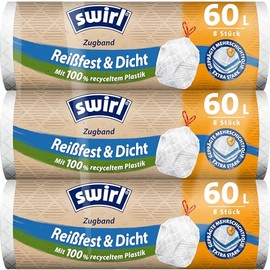Swirl Tear-Resistant & Tight Bin Liners with Drawstring, 60 L, 3 Multipack with 24 Bags, Extra Strong, Drip-Proof