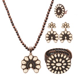 JMScape 4 PCS Western Turquoise Jewelry for Women Boho Vintage Navajo Pearl Necklace Earring Bracelet Ring Set Country Cowgirl Accessories for Gift (B-White)